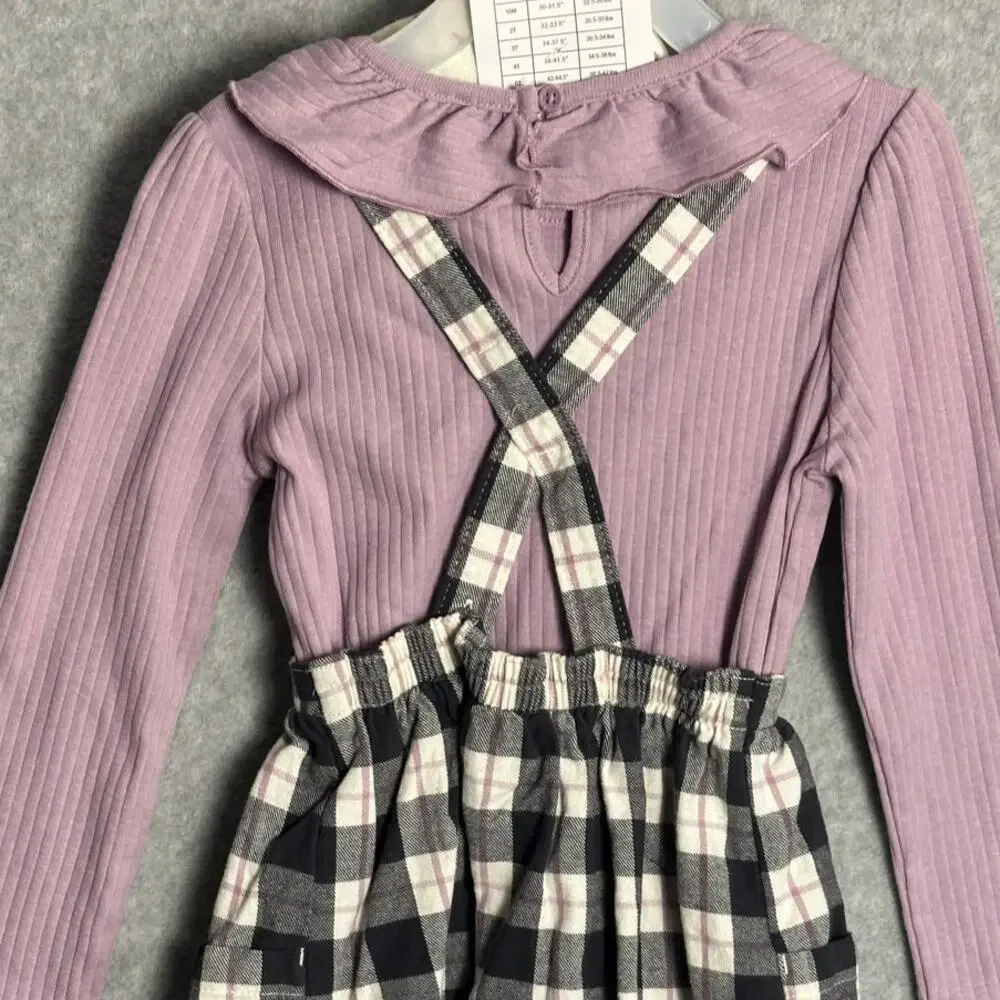 Wonder Nation 5T Girls 3pc Set Pinafore Skirt Overalls Long Sleeve Tights‎ Plaid